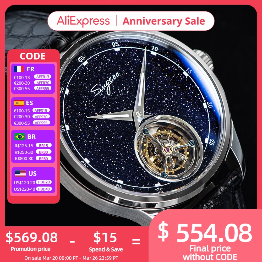 2022 Sugess Tourbillon Mens Watch Seagull ST8230 Movement Blue Aventurine Stone Luxury Mechanical Hand Wind Watches Crocodile