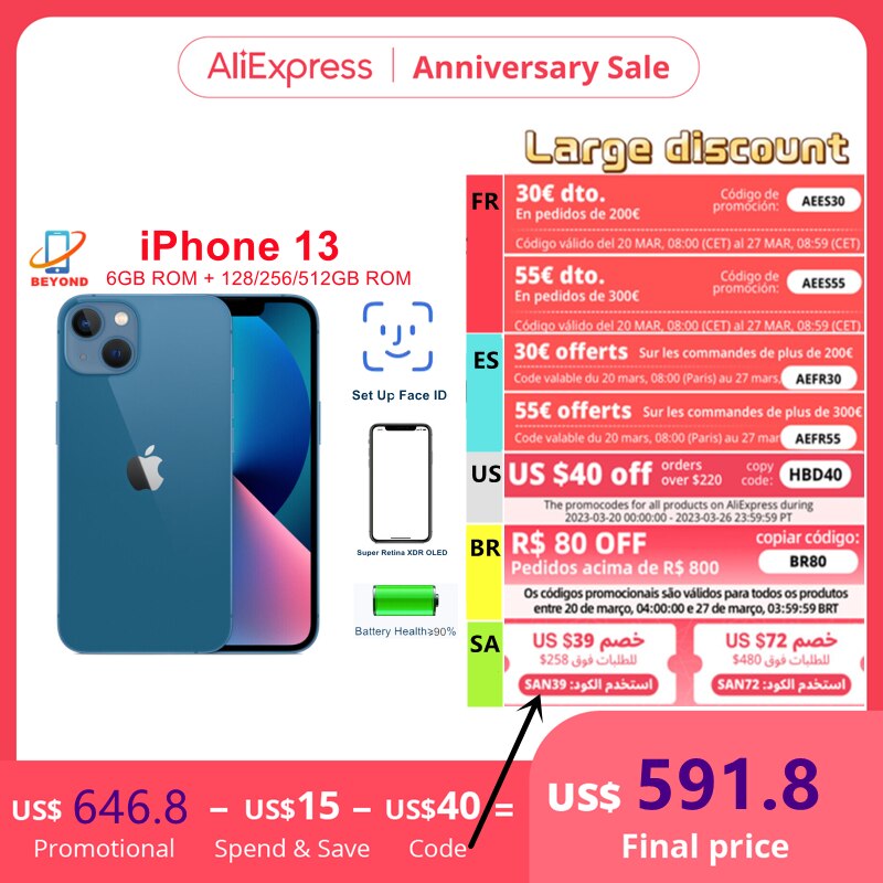 95% New Original Apple iPhone 13 6.1" Genuine Super Retina OLED 128/256/512GB ROM Face ID NFC A15 IOS iPhone13 5G Smartphones